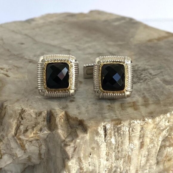 Judith Ripka Sterling Silver 925 18K Yellow Gold Faceted Black Onyx Cuff Links - Picture 1 of 16